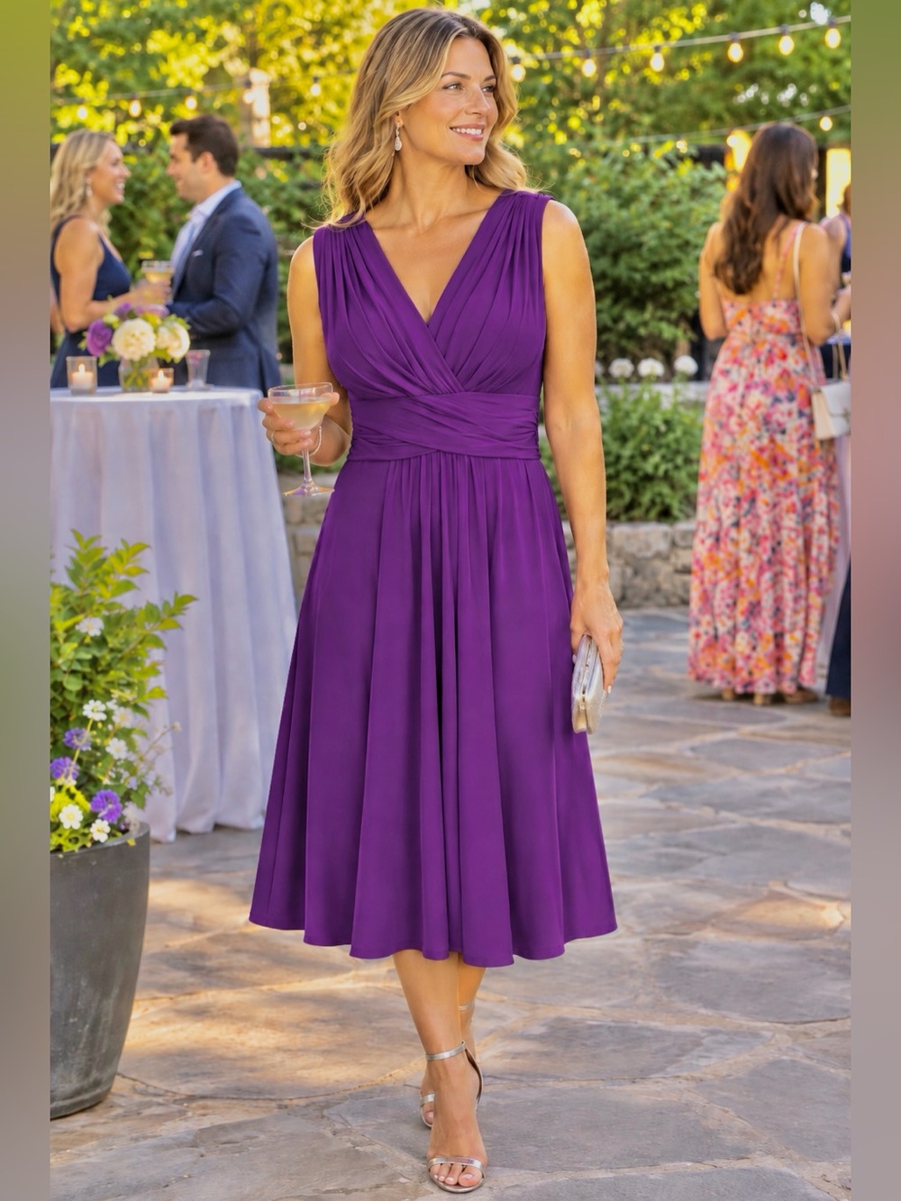 Chaps DAHLIA A-Line Midi Dress Sleeveless Stretch Purple Women's Size XL NWT